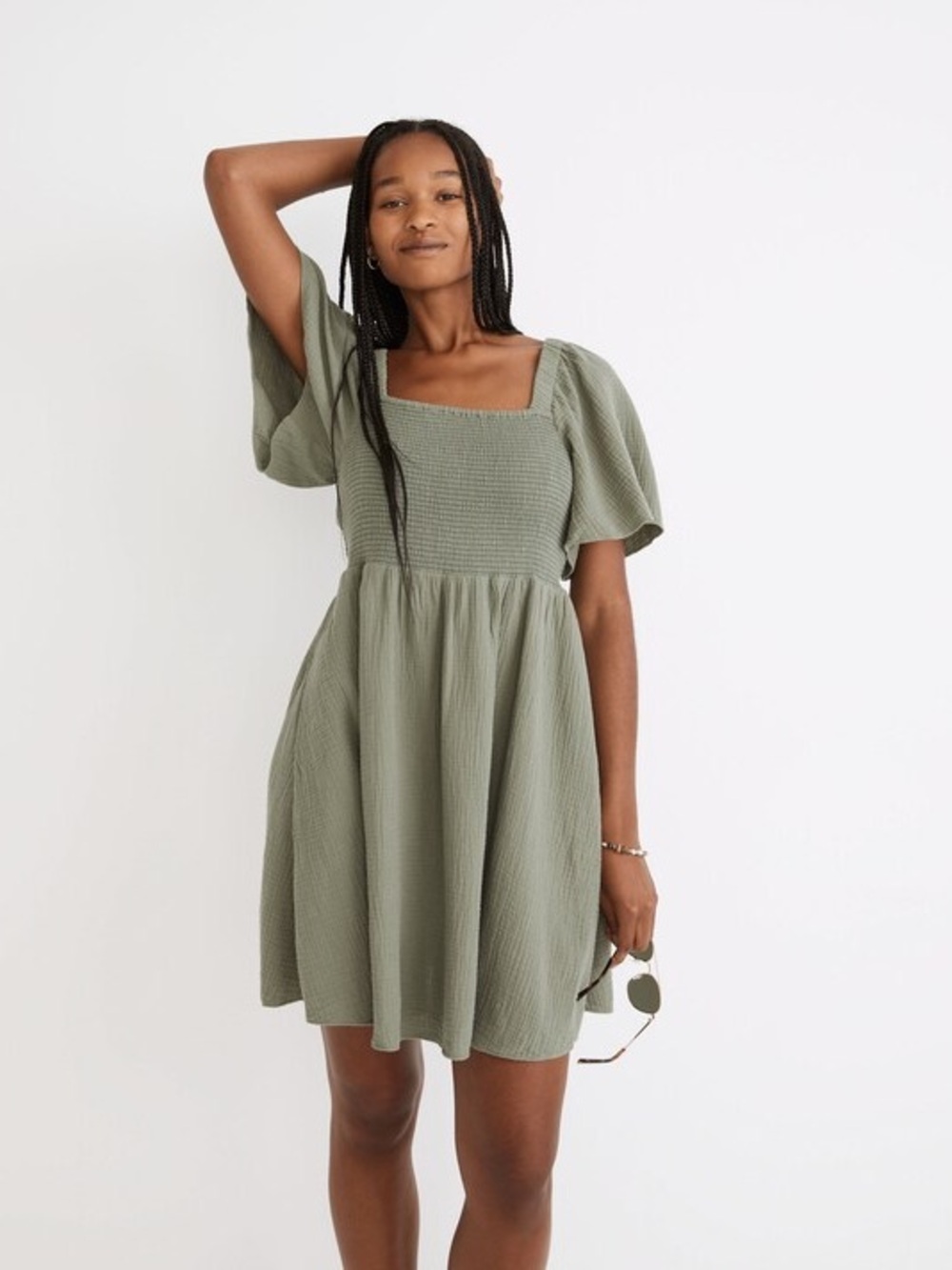 Madewell Women’s Medium Lightspun Lucie Smocked Tie-Back Mini Green Dress